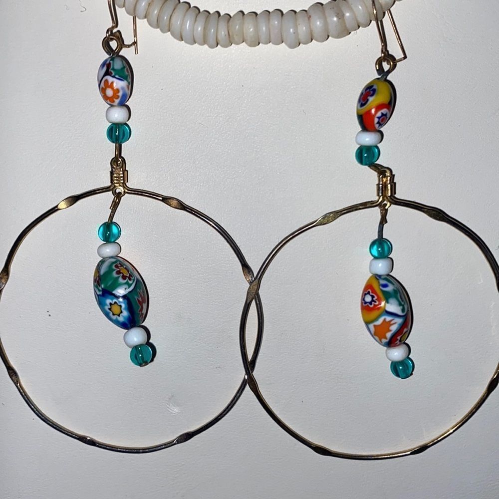 Murano Glass Millefiori Copper Wire Hoop Earrings